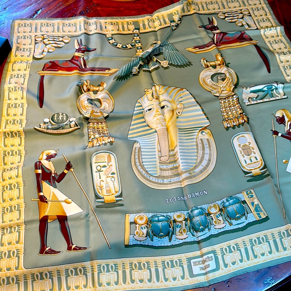 Hermes silk scarf. Tutankhamen in amazing greens with blue and gold accents